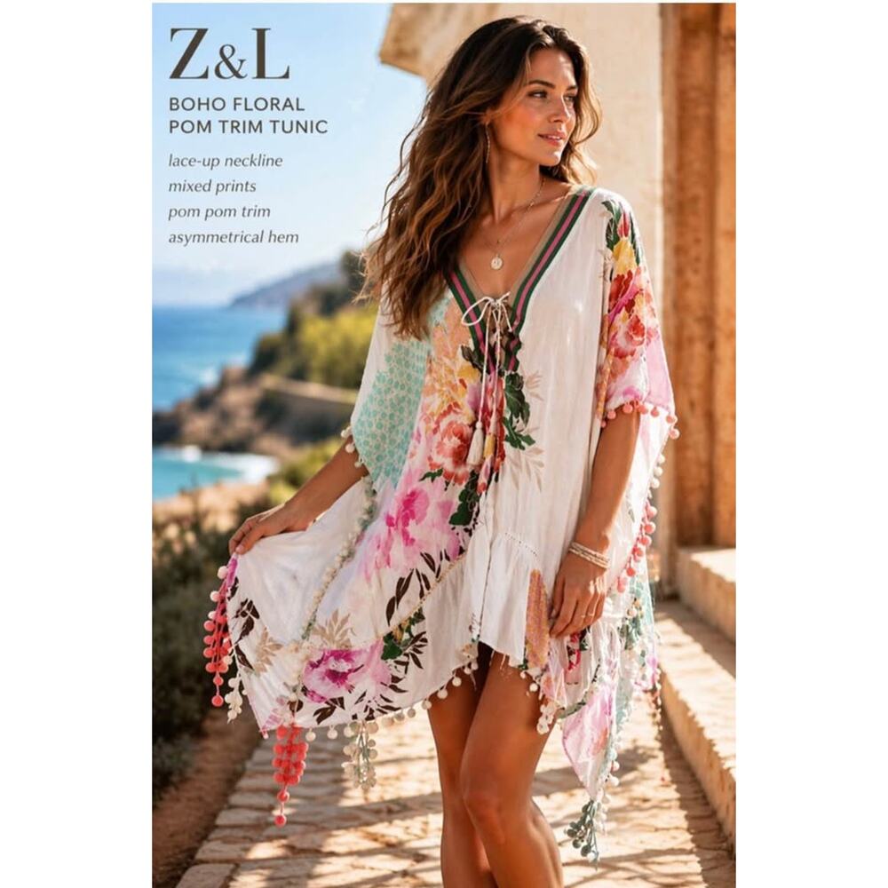 Z&L Women’s One Size Boho Floral Pom Trim Tunic Swim Cover Up
